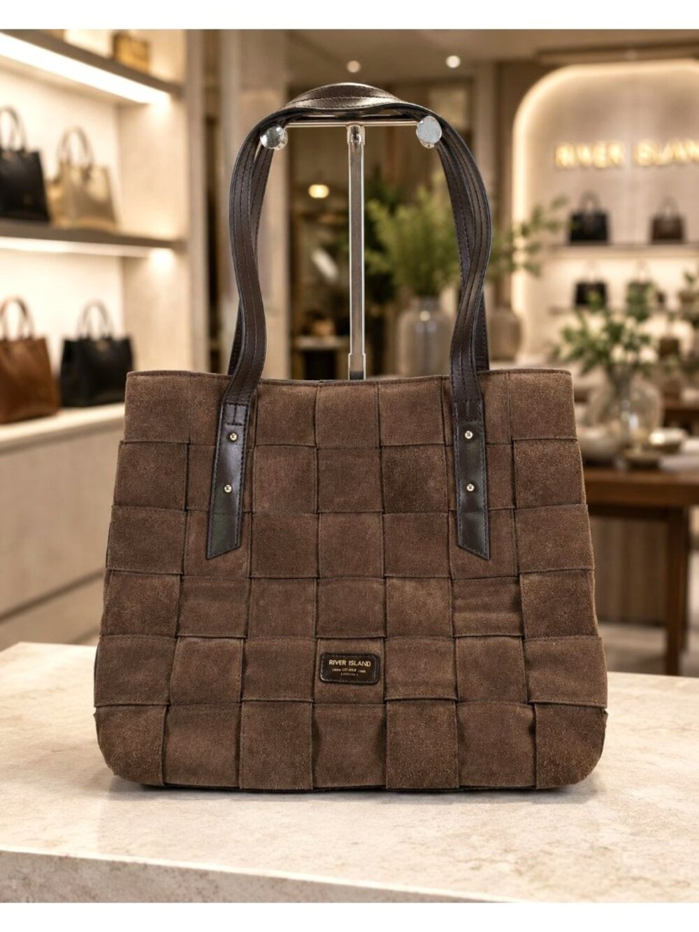 River Island Brown Suede Purse Woven Handbag Tote Bag w Leather Handles